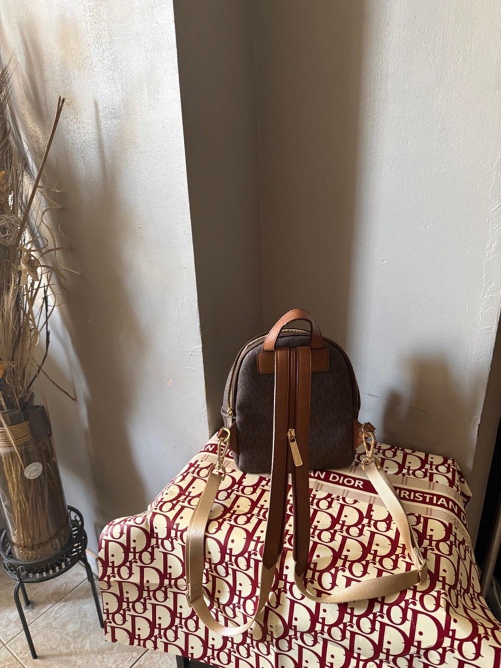 Michael Kors Brown Monogram Mini Backpack with Tan Straps